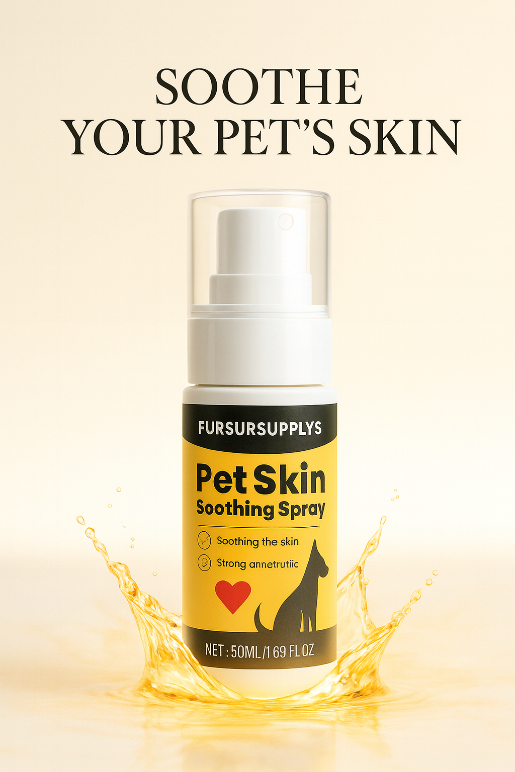 Pet Skin Soothing Spray bottle with text 'Soothe Your Pet's Skin' on a beige background